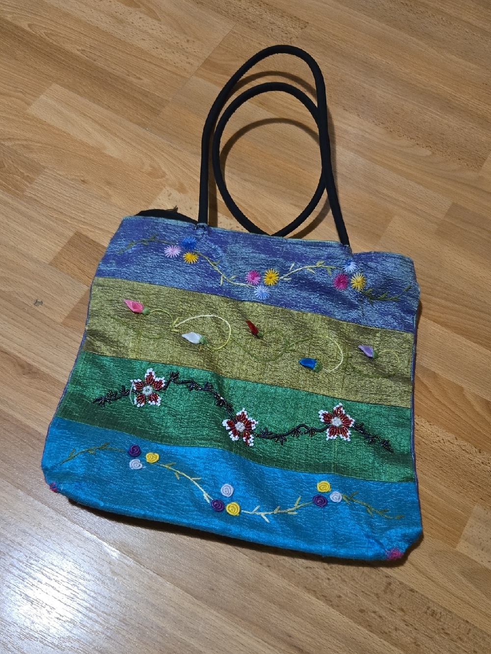 Embroidered Multi-Color Striped Tote Bag